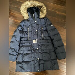 Michael Kors Dark Blue Puffer Jacket with Faux Fur